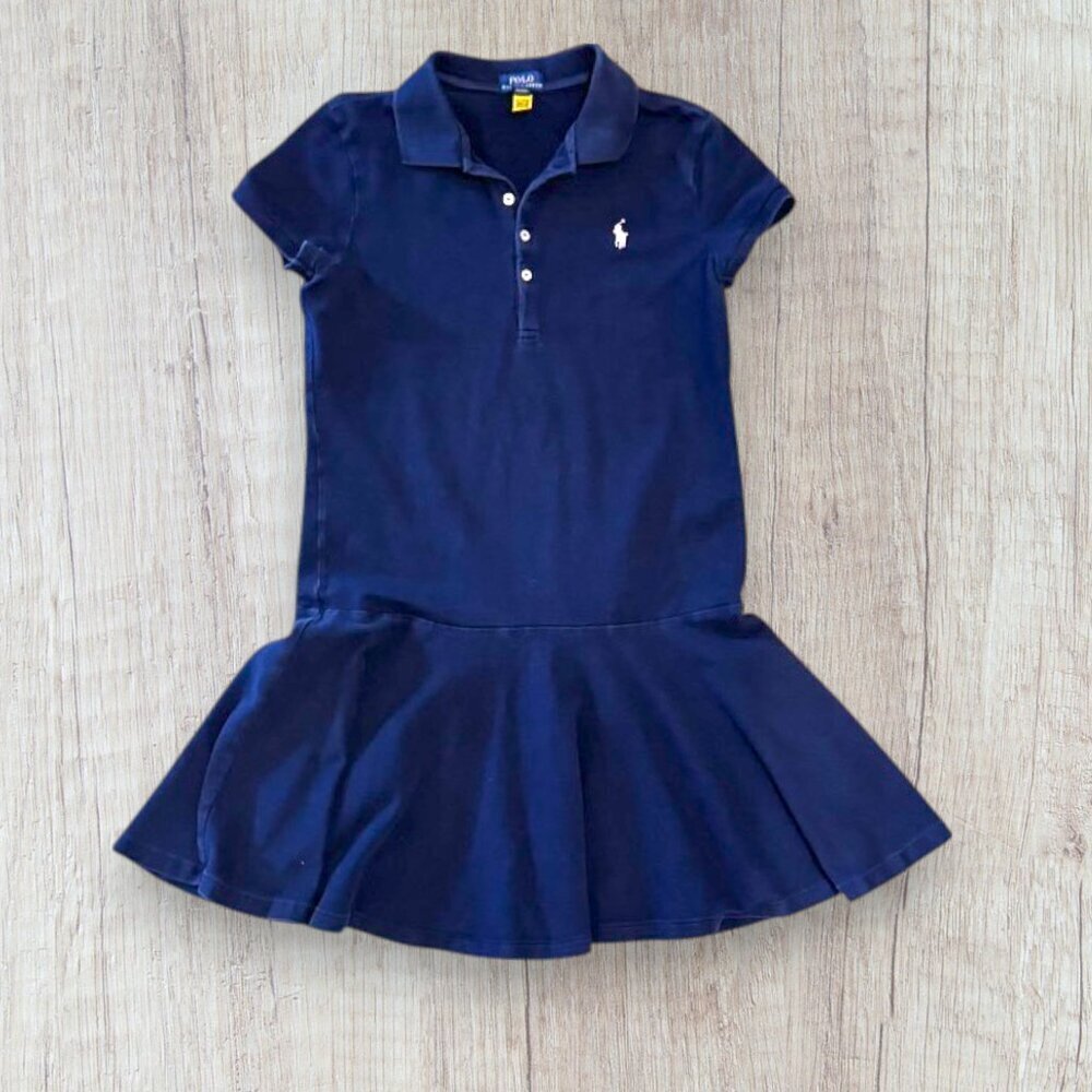 RALPH LAUREN Polo Girls Short Sleeve Pique Stretch Navy Blue Dress XL (14-16)